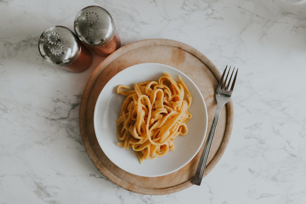 food orange meal pasta fork copper salt pepper home made